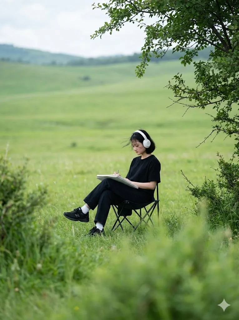 Duduk di kursi lipat camping hitam di hamparan rumput hijau