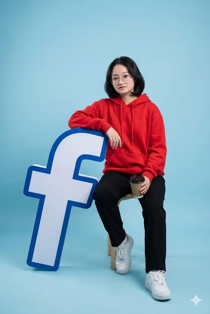 pose is sitting Beside them stands a vertical oversized Facebook icon