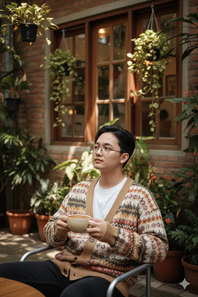 Potret candid seorang pria muda (foto yang terupload) duduk santai di kafe 